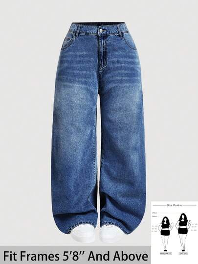 SHEIN Tall CURVE Pantalones vaqueros anchos de talla grande para mujer, azul, de estilo casual básico