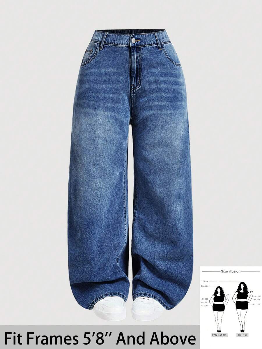 SHEIN Tall CURVE 女式大码休闲基本款蓝色牛仔阔腿裤