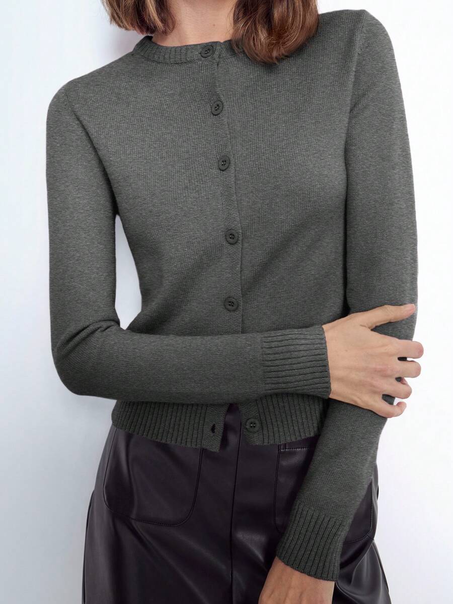 Maija Women's Elegant Solid Gray Round Neck Long Sleeve Button-Front Minimalist Knit Cardigan, Made Of Fine Fabric, Lightweight And Comfortable, Classic Ribbed Design And 3D Buttons Add Texture. Simple And Versatile Fit, Suitable For Daily Commute, Office, Business Casual, Teaching And Formal Occasions - Dark Grey - View 1