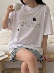 DAZY 2pcs/Set Women Casual Heart & English Print Short Sleeve Plaid Shorts Suit Pajama - White - View 4