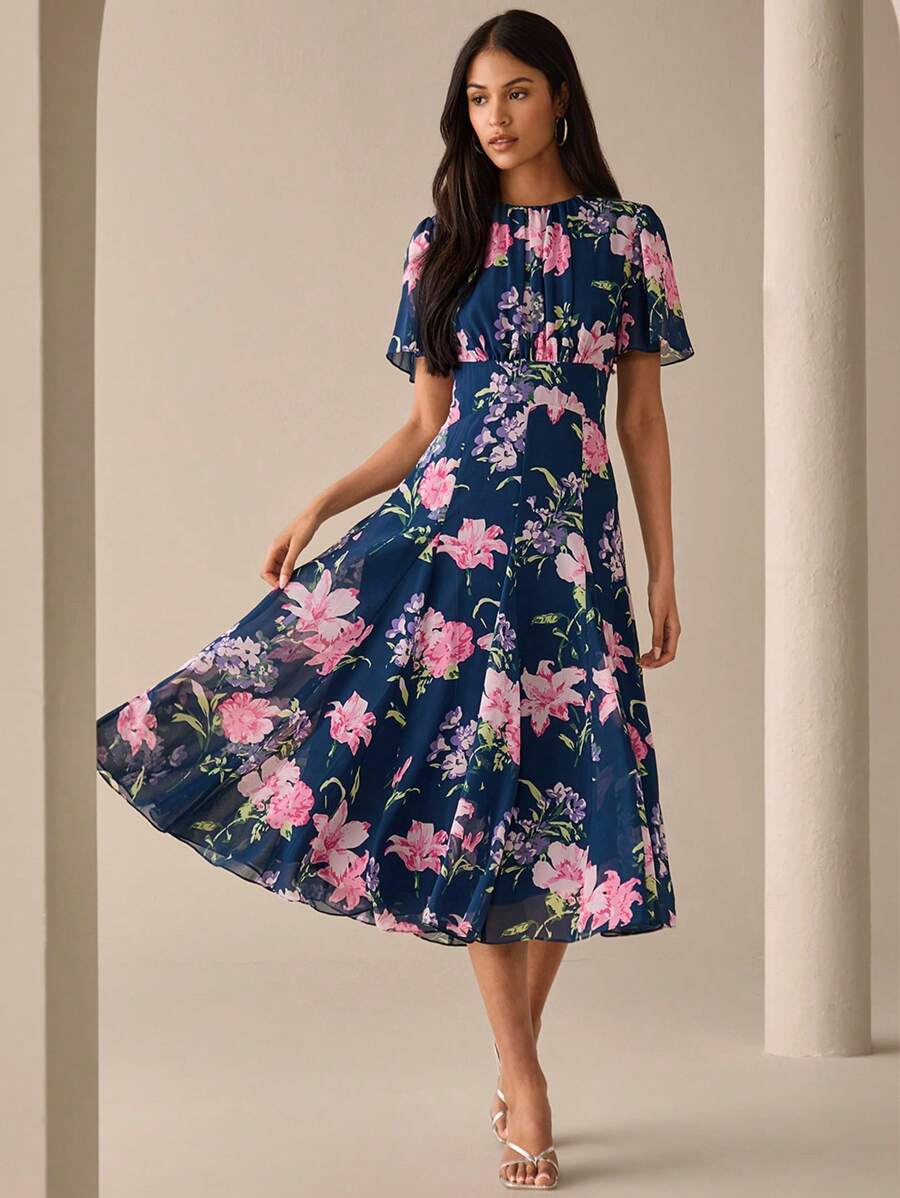 Lilora Women Floral Print Round Neck Casual Short Sleeve Dress Urban Style Round Neck Floral Short Sleeve Dress Out And About Urban Leisure, Romantic And Elegant, Going Out - Navy Blue - View 1