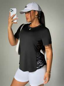 Rhythm Era Plus Size Women's Crew Neck Short Sleeve Geometric Mesh Splice Sports T-Shirt, Workout Top Gym Shirts - Black - View 6