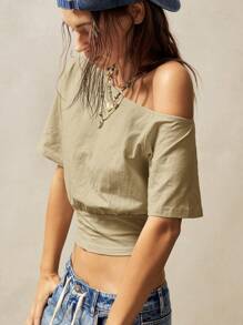 Bohemela 1 件女式纯色针织不对称肩部短款上衣 - 卡其色 - 查看 5