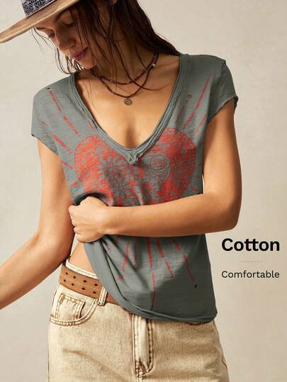 Bohemela 纯色修身V领短袖水洗女士T恤棉质上衣V领T恤女式图案T恤女式女式棉质T恤棉质V领T恤