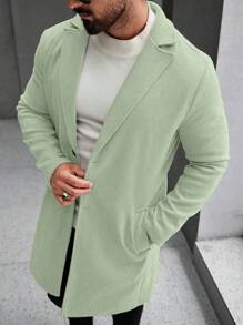 Manfinity Homme 男士纯色翻领长袖休闲长款羊毛绿色大衣，秋季 - 薄荷綠 - 查看 4