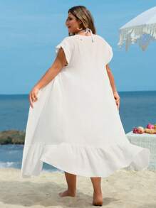 Swim Lushoire 大码女式系腰性感休闲沙滩和服开衫 - 白色 - 查看 2