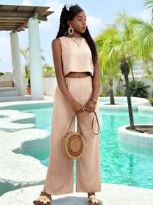 SHEIN Round Neck Camisole And Pants Set In Polyester For Teen Girls' Stylish Getaways Women Two Piece Sets Summer Two Piece Set Vacation Two Piece Set Two Piece Pants Set Casual Two Piece Set - Apricot - View 7
