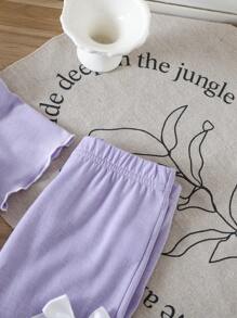 SHEIN Vintaside Kids 2pcs/Set Young Girl Bow Decor Short Sleeve T-Shirt And Shorts Casual Outfit, Summer - Mauve Purple - View 5