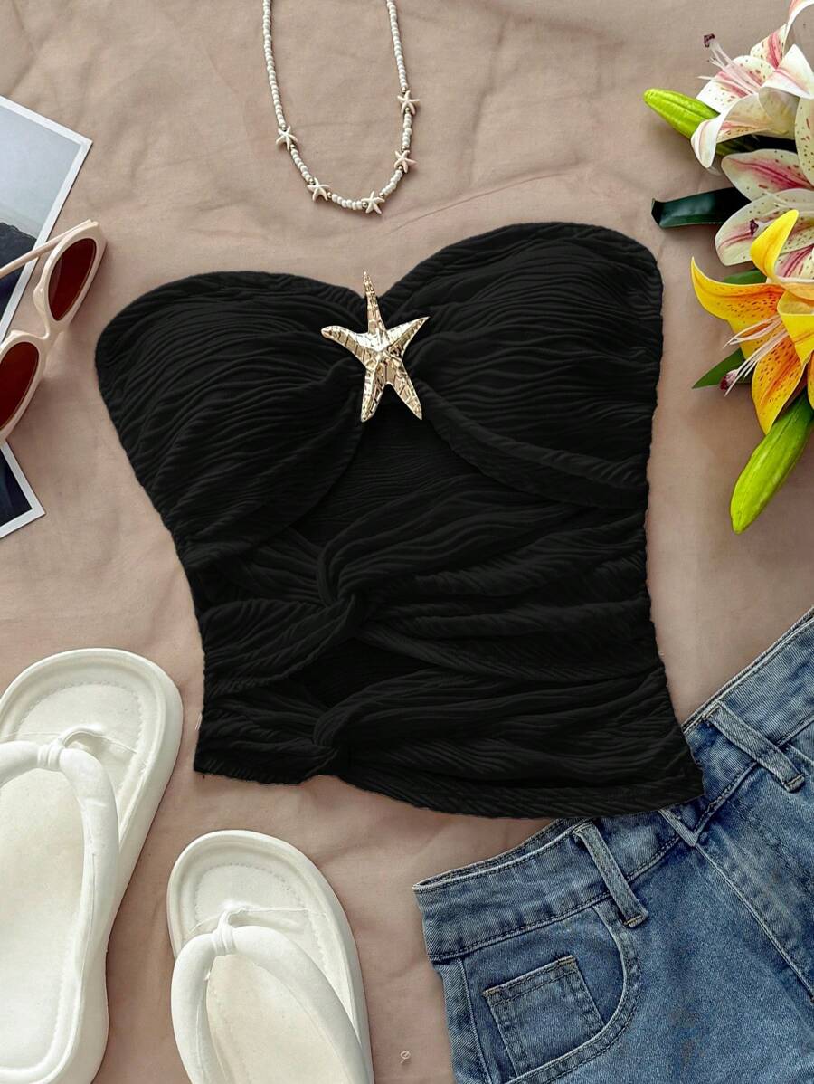 Soleia Áo thun nữ bó sát vải dệt kim màu trắng có họa tiết hình sao biển, viền áo bất đối xứng, áo cánh thời trang ôm vừa vặn gợi cảm cho tiệc tùng, hẹn hò, ngày lễ tình nhân, lễ hội âm nhạc, du thuyền trên bãi biển nghỉ dưỡng mùa xuân hè - màu đen - Xem 1