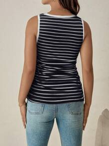 SHEIN 孕妇休闲条纹褶饰修身吊带背心（夏季） - 藏蓝色 - 查看 2