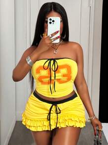 Slaydiva 2 件 2025 春夏新款街头服饰和性感风格，黄色对比黑色饰边，23 号图案，修身紧身胸衣，带装饰抽绳和多层荷叶边下摆迷你裙，大码女士 2 件套 - 黃色 - 查看 6