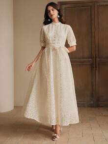 Anewsta Elegant Round Neck Decorative Button Waist Tie Short Sleeve Flared Hem Dress - Apricot - View 6