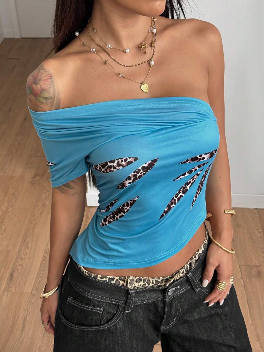 StreetHx Multi-Way Wrap Around Graffiti Print Versatile Peasant Shoulder Shirt, Unique Crop Top For Women - Multicolor - View 1