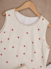 SHEIN 大码女式心形印花圆领无袖上衣和裙子两件套 - 杏色 - 查看 5