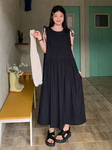 DAZY Đầm midi buộc eo không tay màu trơn phong cách Hàn Quốc mùa hè cho nữ - Màu xanh hải quân - Xem 3