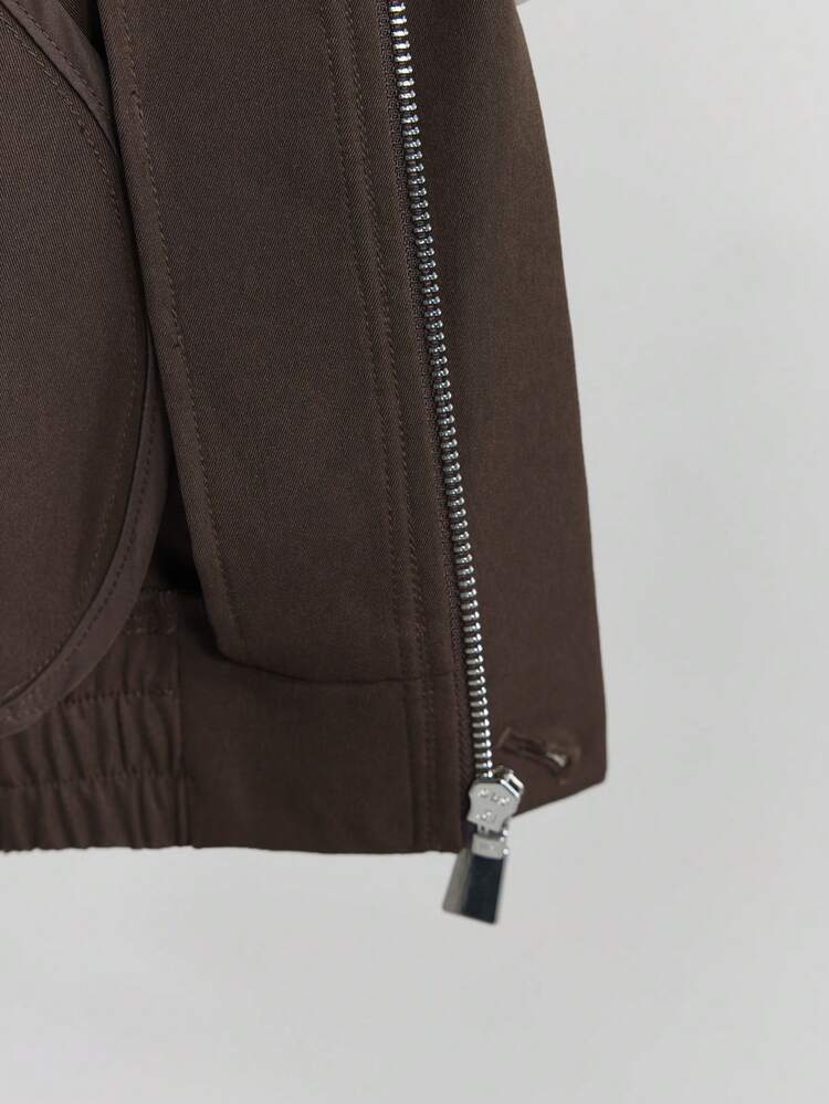 Modern Urban Style Women's Jacket, Brown, Oversized Fit, Casual Style, Lapel Collar, Long Sleeve, Functional Pockets, Elastic Hem, Short Jacket, Autumn Wear, Daily Casual Outerwear Low-Key And Durable Basic Style, All-Match And Suitable For Everyone, Street Fashion Wear, Coffee Shop Wear