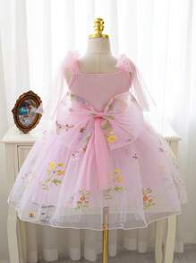 SHEIN Glamorique Kids 复活节花童生日派对婚礼礼服，女孩细肩带绿色薄纱蝴蝶结前公主刺绣芭蕾舞裙，适合舞台表演、派对、摄影，四季皆宜 - 西瓜粉 - 查看 2