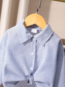 2pcs Girls Striped Lapel Long Sleeve Cardigan Shirt And Straight Leg Pants Set, Casual School Uniform Back To School Outfit - Blue - View 5