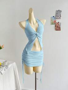 Soleia Bộ trang phục hai mảnh hở lưng cổ chữ V kết cấu mùa xuân/hè và váy ngắn xếp nếp, gợi cảm cho phụ nữ dự tiệc/hẹn hò/mùa hè, phù hợp cho kỳ nghỉ, lễ hội âm nhạc, phong cách Bohemian - Màu xanh nhạt - Xem 3