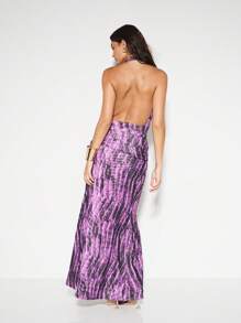 KIZN Plunge Halter Maxi Dress High Slit Backless Summer Beach Resort Vacation Evening Party Gown Sleeveless A-Line Floor Length - Purple - View 2