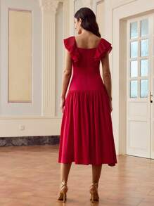 ZEYLAH Women's Elegant Solid Color Ruffle Trim High Waist Midi Dress - Pink - View 3