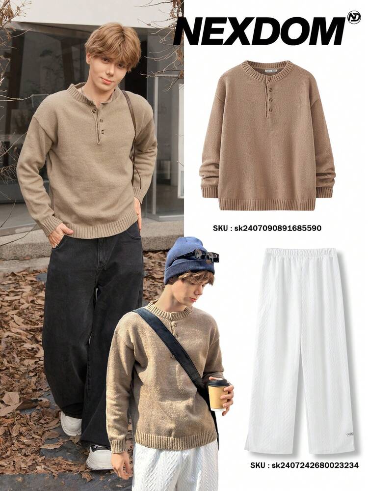 SHEIN 1 件青少年男童休闲百搭宽松舒适圆领半拉链纯色长袖毛衣，适合秋冬季、郊游、节日、聚会、外出、上学 - 棕色 - 查看 1