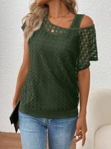 SHEIN LUNE Women's Lace Patchwork Oblique Shoulder Blouse - Army Green - View 4