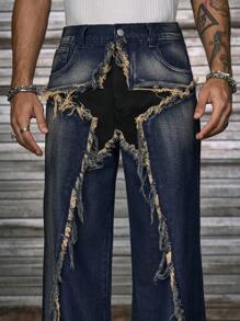 AXEPEAK Men's Casual Washed Distressed Colorblock Star Print Denim Jeans - Black - View 5