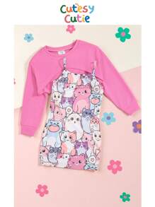 SHEIN 女小童卡通圖案吊帶連衣裙和前短後長T恤