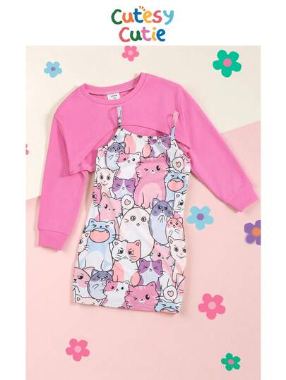 SHEIN 女小童卡通圖案吊帶連衣裙和前短後長T恤