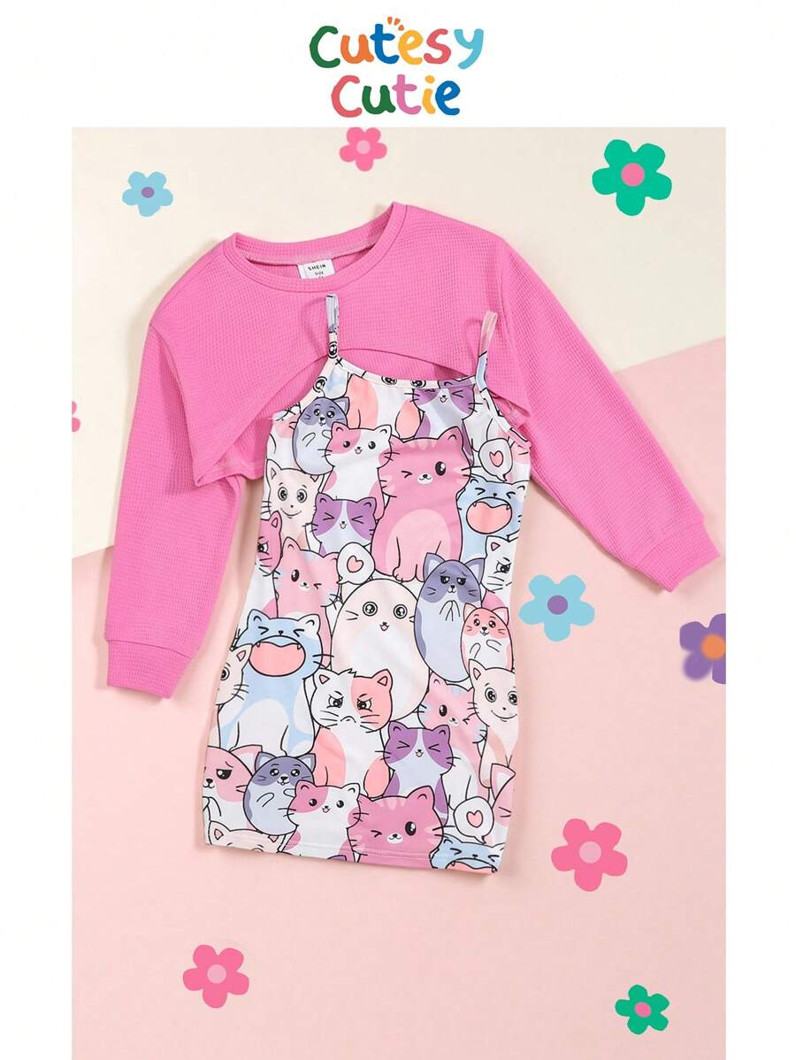 SHEIN 女小童卡通圖案吊帶連衣裙和前短後長T恤