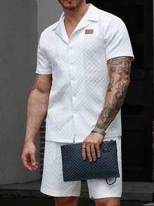 Manfinity CasualCool Men's High-End Knitted Diamond-Shaped Jacquard Solid Color Short-Sleeved Button Shirt Set,Men's Summer Grainy Lapel Neck Short Sleeve Shirt & Shorts Casual Set,Versatile Items For Daily Commuting, Travel, Vacation And Outings,Husband  And Boyfriend Gifts For Friends,Casual And Simple Style, Urban Mature Style, British Gentleman Style,Mens 2 Piece Outfits,Men 2 Piece Set,Men Summer Outfits