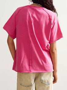 Bohemela Tricou casual de culoare solidă tricotat cu guler rotund, mânecă scurtă, lejer, stil uzat, pentru femei - Roz - Vizualizare 5