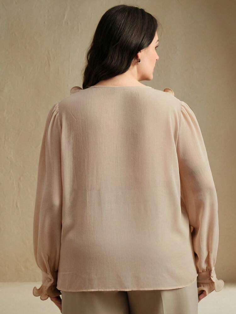 Plus Size Women's Elegant Ruffled Collar Lantern Sleeve Blouse, Modern And Chic, Suitable For Valentine's Day, Vacation, New Year's