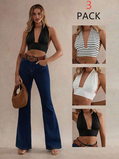 Glamine 女式深 V 领短款简约度假休闲背心，多色套装