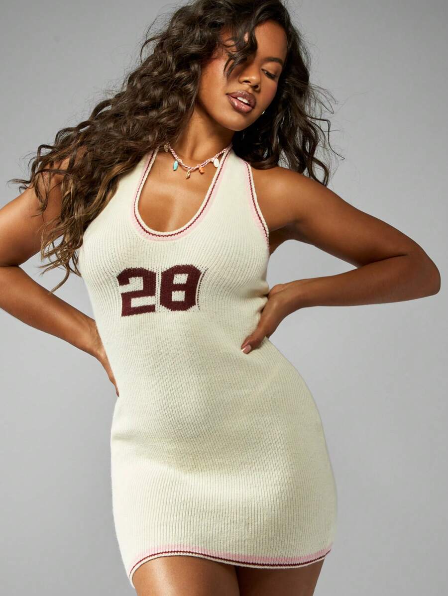 MISSGUIDED Retro Style Ribbed Mini Dress Collegiate Varsity Number Tank Dress Summer Bodycon Sweater Dress Sporty Cheerleader Tennis Style - Apricot - View 1