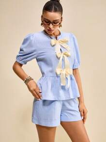 Muvela 2 Stücke Damen Sommer Set aus gestreiftem Top mit Schleifendekor und Puffärmeln sowie Shorts