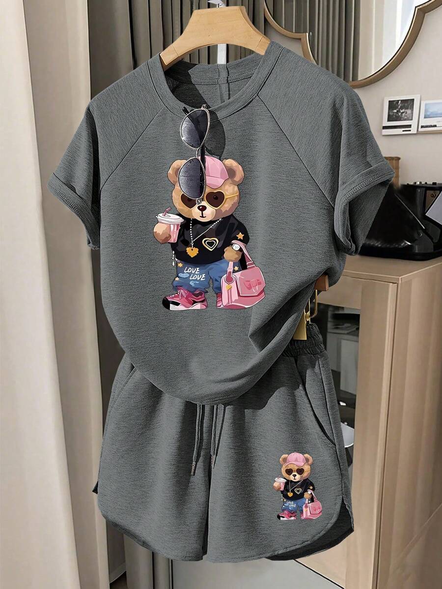 INAWLY 2pcs Women's Raglan Casual Versatile Bear Print Loose Short Sleeve T-Shirt Set - Grey - View 1