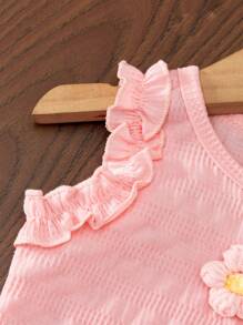 SHEIN 2 件女婴甜美花卉针织提花无袖上衣 + 刺绣阔腿裤套装，夏季 - 粉色 - 查看 5