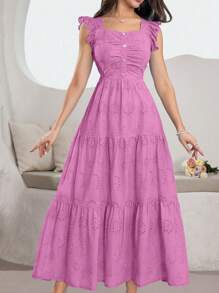 Modelyn 方领无袖荷叶边珍珠纽扣点缀蓝色刺绣连衣裙 - 粉色 - 查看 6