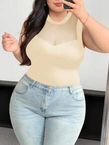 Vibekara Áo thun lưới xuyên thấu gợi cảm màu đen dành cho người có thân hình đầy đặn - Màu be - Xem 3