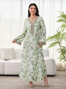SHEIN Najma 女士花卉印花、钩针拼布、长袖连衣裙、端庄优雅的 A 字形卡夫坦和 Jalabiya 连衣裙，适合晚会/婚礼嘉宾/周年纪念/日常穿着 - 彩色 - 查看 6