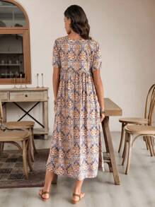 EMERY ROSE 女士休闲超长沙滩裙，全身印花 - 卡其色 - 查看 9