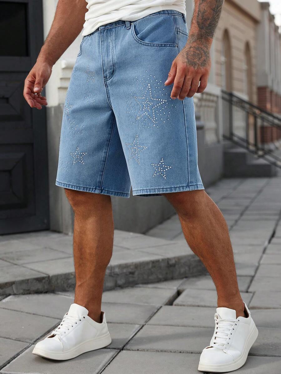 Manfinity Homme Plus Size Men's Rhinestone Star Pockets Wide Leg Loose Bermuda Denim Shorts