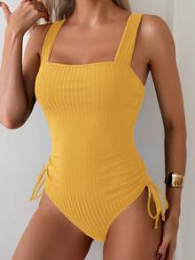 Swim Basics 1 件女士纯色侧抽绳连体泳衣，度假风格 - 黃色 - 查看 4
