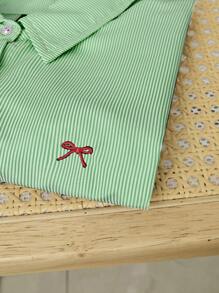 SHEIN Unity Áo sơ mi nữ tay ngắn hở vai thêu nơ sọc xanh, dáng lửng - màu xanh lá - Xem 4