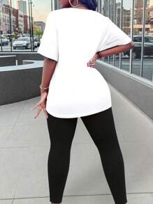 Maweii 2pcs/Set Plus Size Women Heart & Butterfly Print Round Neck Short Sleeve T-Shirt And Legging Set - Black and White - View 2