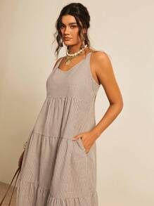 Freevana Váy dài thường ngày kẻ sọc không tay cỡ lớn - Cà phê nâu - Xem 6