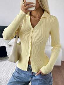 SHEIN EZwear Butter Yellow V-Neck Fitted Women Thin Cardigan, Autumn - Yellow - View 3