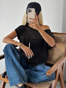 SHEIN EZwear 黑色不对称领透明休闲短袖露肩毛衣 - 黑色 - 查看 7